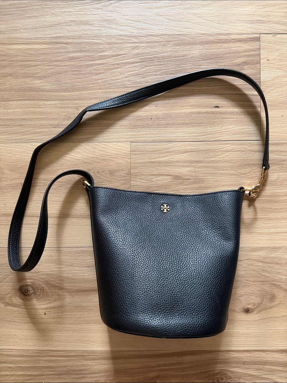 Tory Burch Black Pebbled Leather Bucket Crossbody with Gold Logo